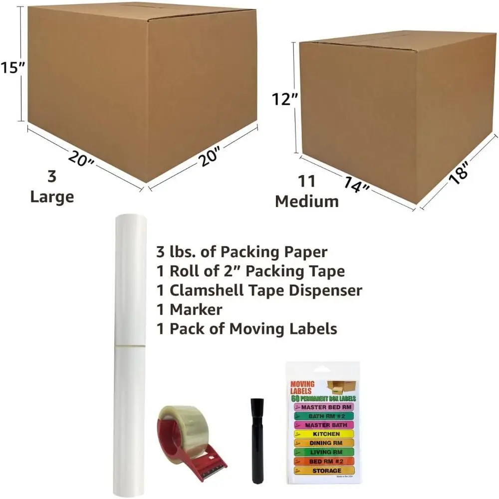 1-2 Bedroom Moving Kit: Medium & Large Boxes, 60 Labels, Packing Paper, Tape