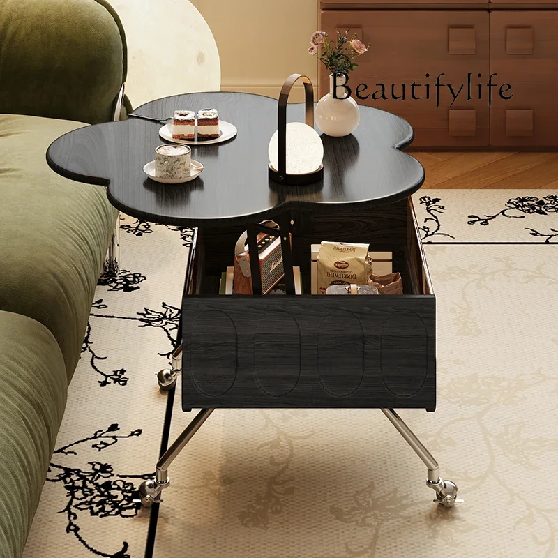 

Nordic Solid Wood Retro Lifting Mobile Coffee Table Small Apartment Living Room Mid-Ancient Tea Table Petals Side Table