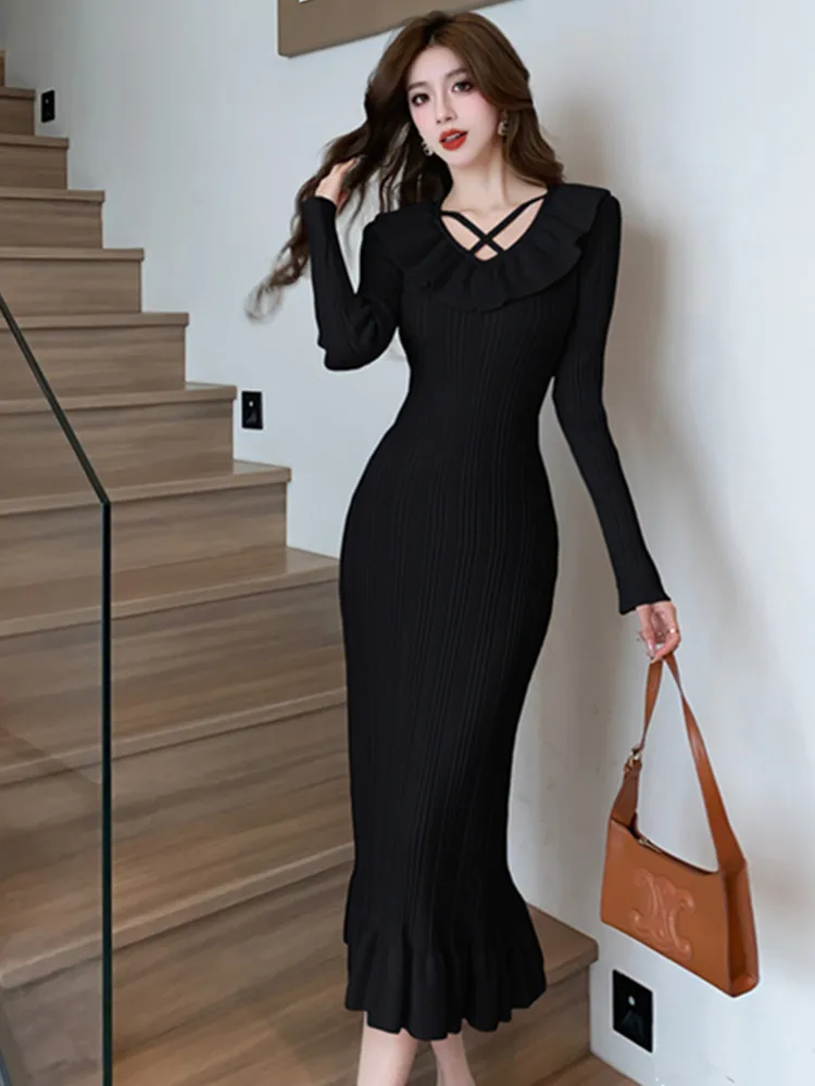 SMTHMA Women Autumn Ruffle Knitted Dress O Neck Sexy Slim Elastic Bodycon Sweater Dress Winter Knit Warm  Mermaid Long Dress