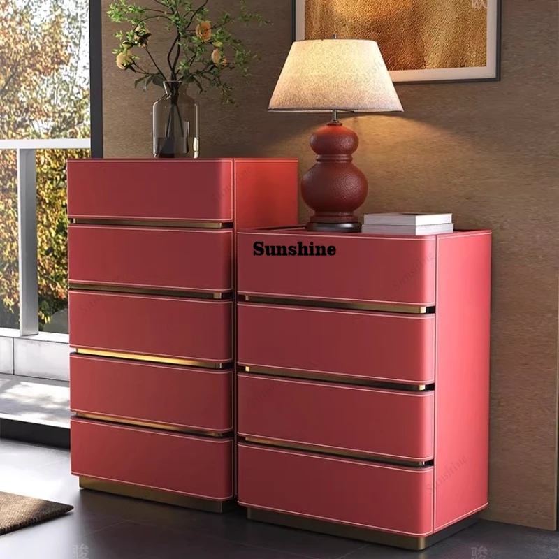 

Large flat-floor home living room wall chest of drawers Italian light luxury solid wood five-bucket storage