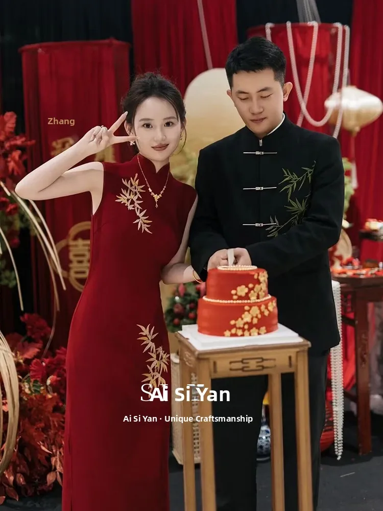 

Ele Red Wedding Dr 2025 New Sle Small Bride Ceremony Dr Svel Midi Skirt Low Slit for Wedding