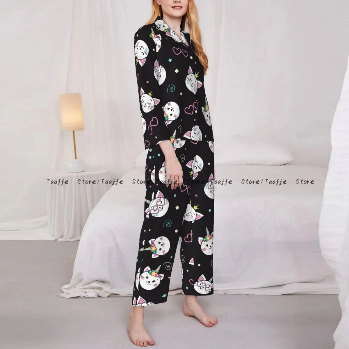 Cute Funny Cat Unicorn Womens Pajamas Loungewear Two-piece Sleepwear Button-Down Full Sleeve Long Pajamas Set