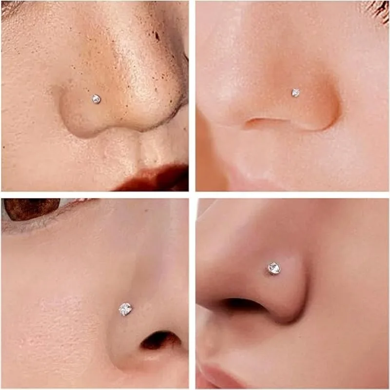 4PCS Round Diamond CZ Nose Bone Studs Rings, Piercing Jewelry