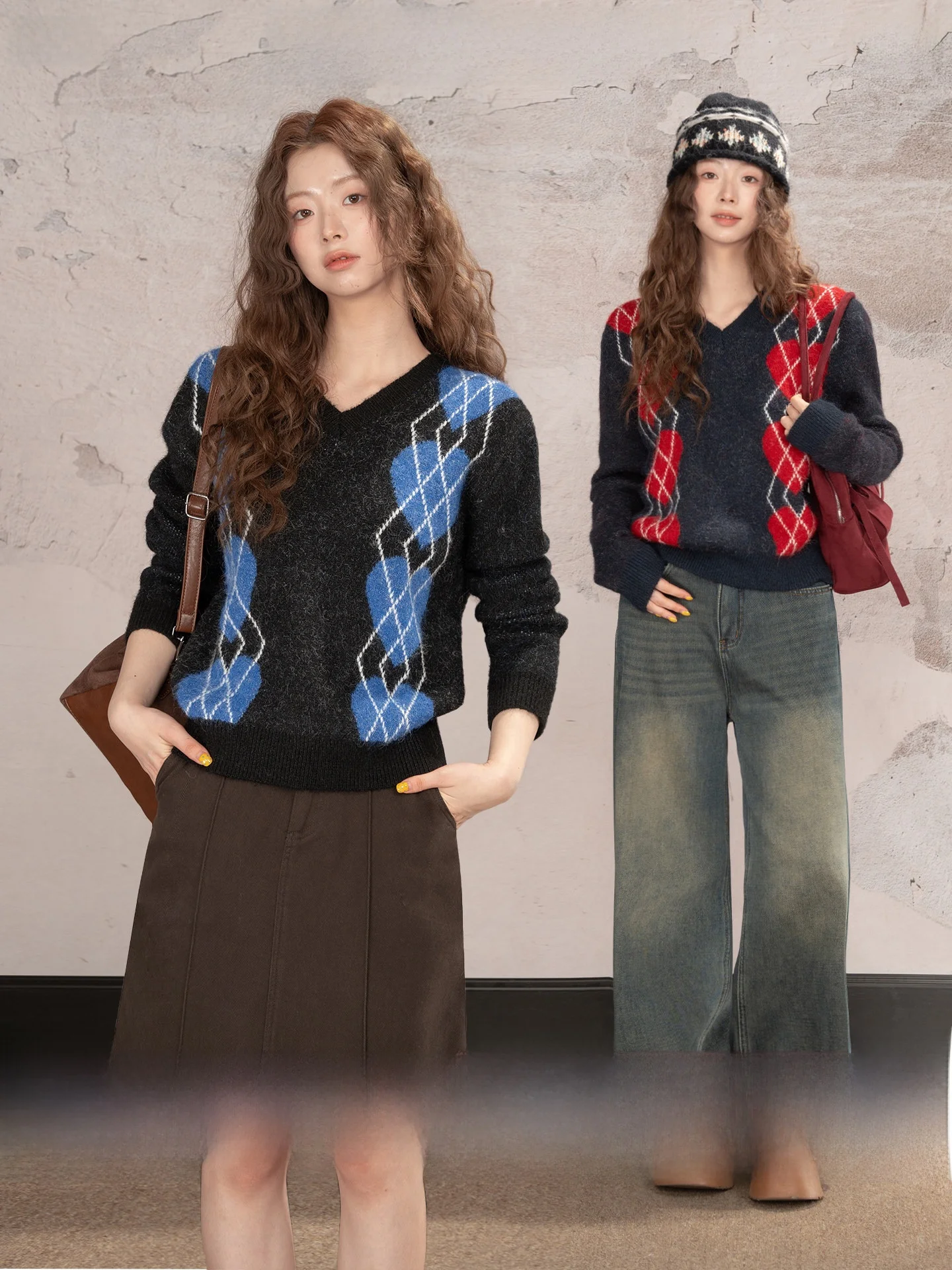 

Loveheynew Винтажный свитер свободного кроя с V-образным вырезом и узором в виде сердец, женский зимний универсальный комфортный топ