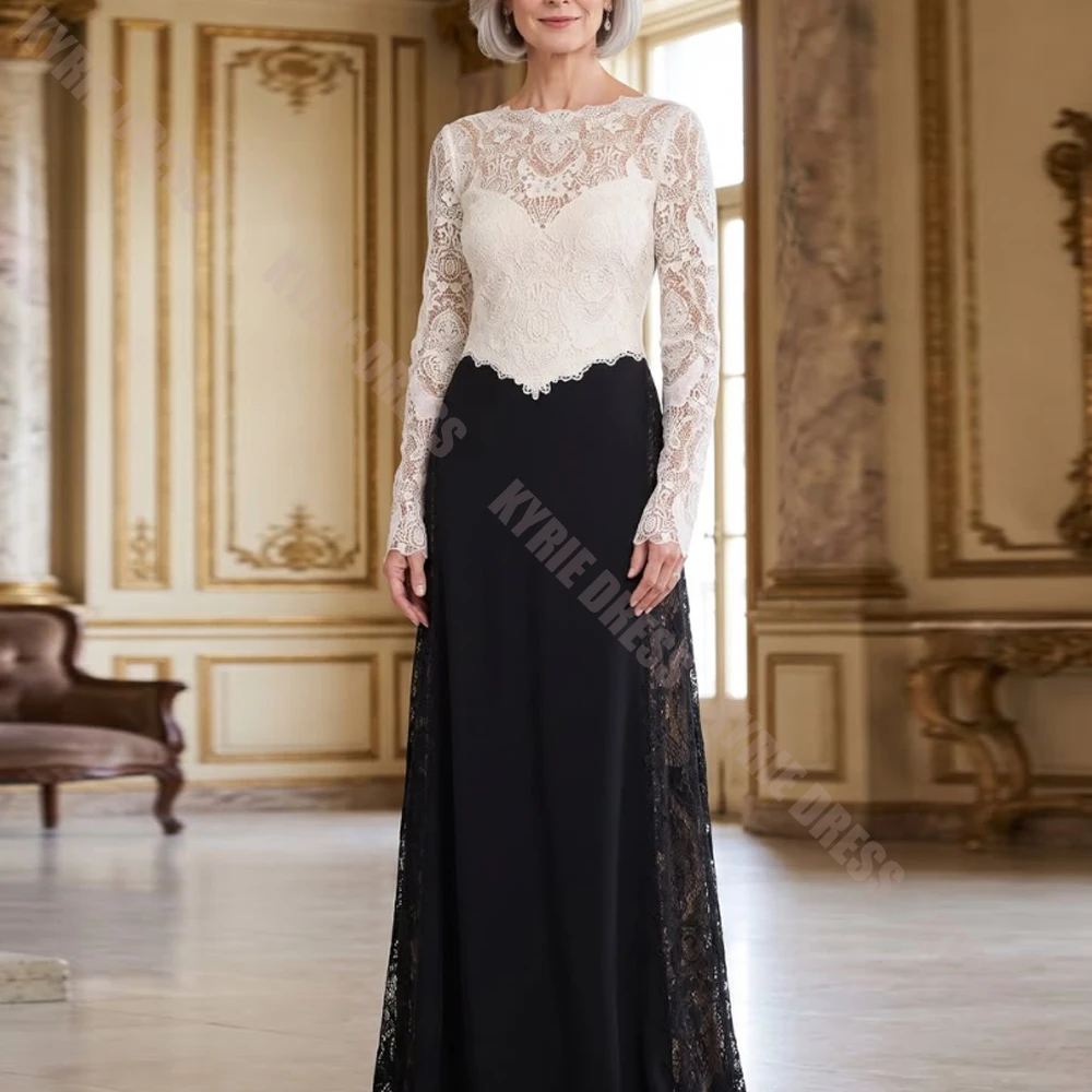 Fashion Mother of The Bride Dresses Customized Boat Neck Full Sleeves Lace Contrast Color Wedding Guest Gown Party Evening Dress