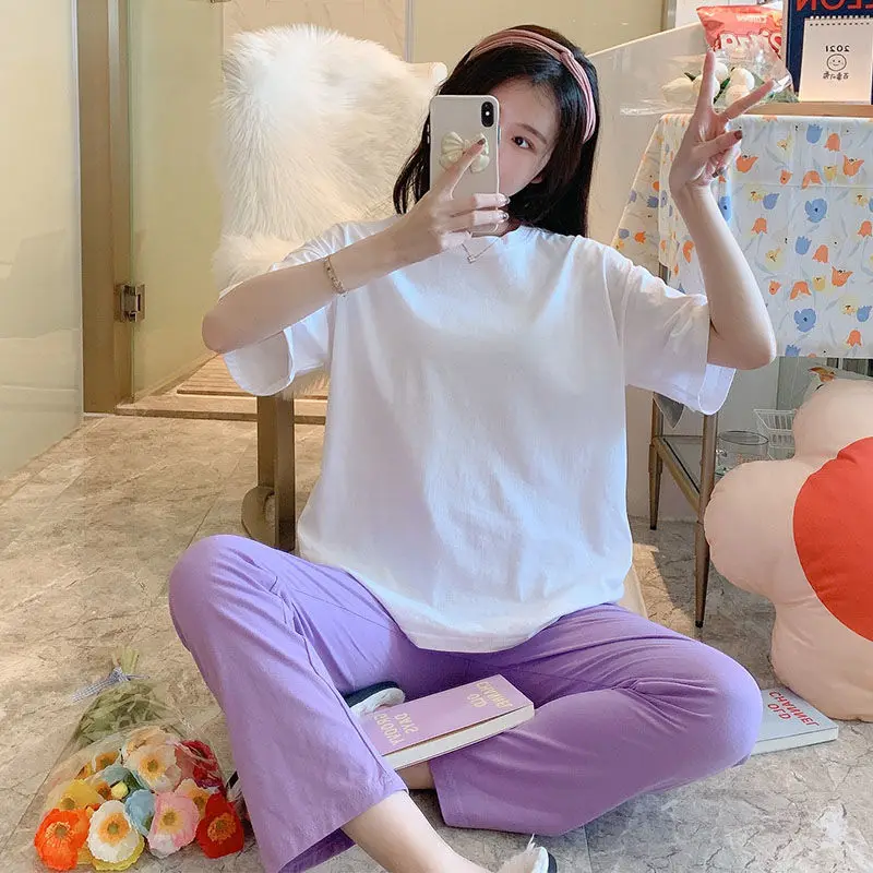 

Women Pajama Sets Solid Casual O-neck Short Sleeve Tops and Full Length Trousers Summer Daily Sleepwear Home Lounge Loose Teens