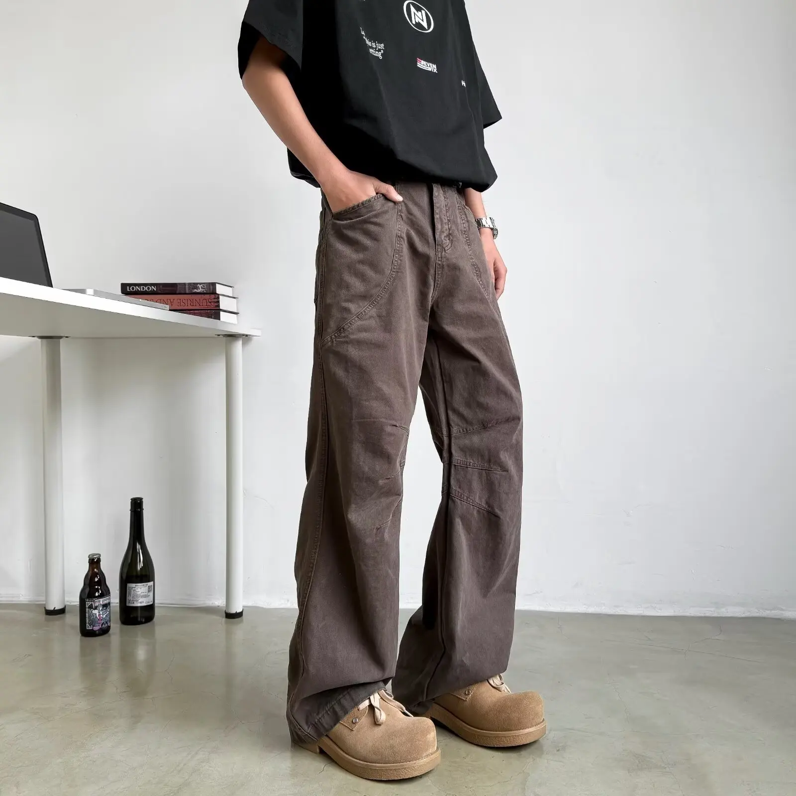 

2025: четыре сезона, новые модные мужские однотонные повседневные модные простые базовые свободные прямые широкие брюки-карго, мужские