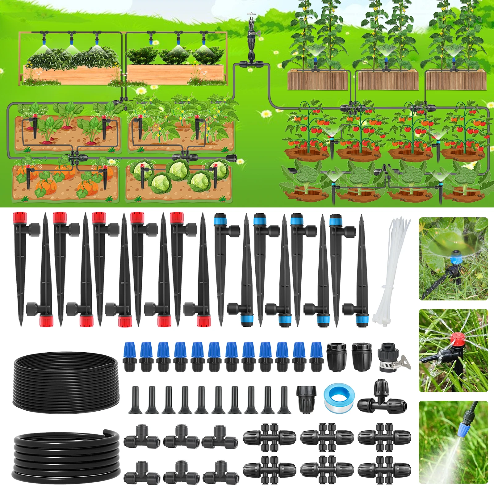 243FT Drip Irrigation System Kit with 1s Quick Connect Fittings, Automatic Garden Watering System, Adjustable Micro Drip Emitters and Misting Nozzles, UV-Resistant Tubing for Backyard, Lawn, Patio, Vegetable Garden, Raised Bed, Greenhouse