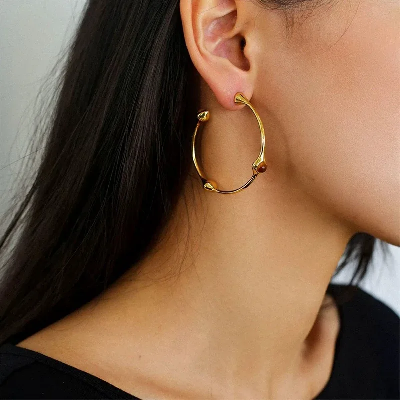 Gold-plated Copper Hoop Earrings with Red Agate Inlaid in A C-shaped Design, Polished Finish view 3