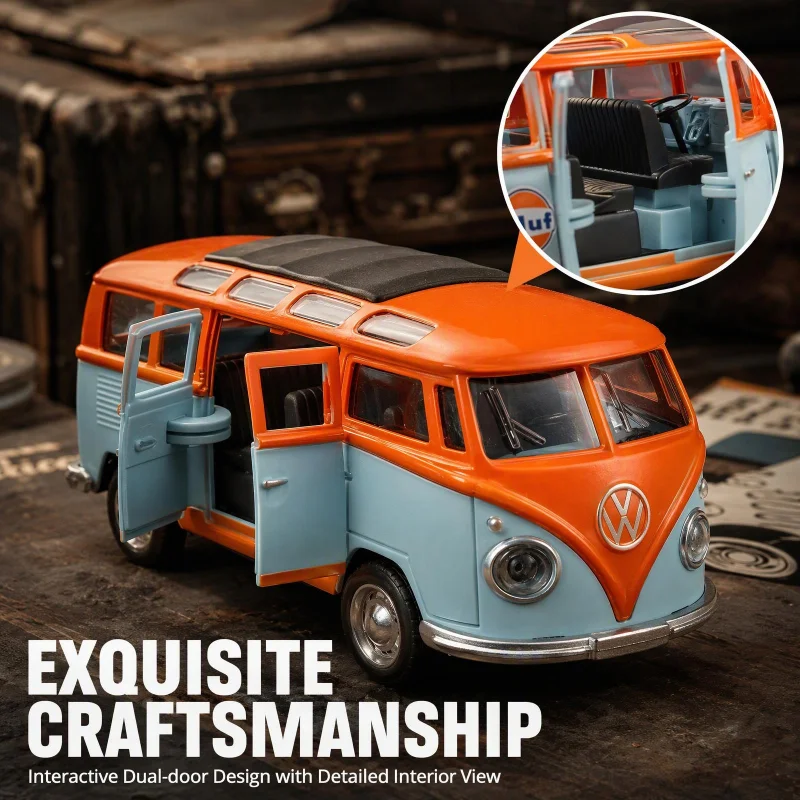 Retro Camper Van Diecast Car 1:36, Classic Bus Shape with Gulf Vintage Decals, Pull-back Feature, Desk Collectible Decor - view 6