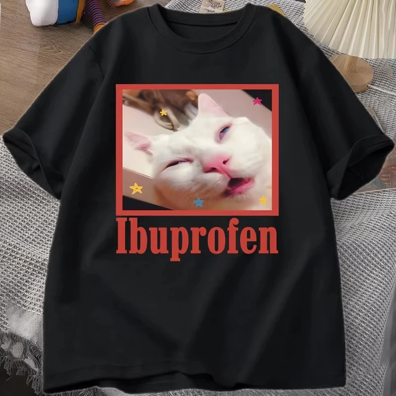 

Ibuprofen Cat Meme Tshirt Funny Cat Graphic Tee Cute Cat Lover Cotton T-Shirt Casual Funny T Shirts Unisex Oversized Tshirt Tee
