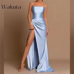 Wakuta Sexy Strapless Backless Mermaid Party Gowns Temperament Slim Pleated Satin Bridesmaid Dresses Prom Robe De Soirée Orange