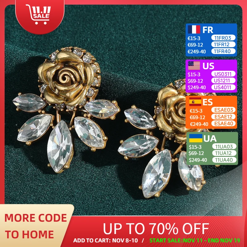 

Vintage Antique Gold Color Rose Flower Earrings Crystal Leaves Woman Elegant Luxury Quality Jewelry Wedding Gift New In 2025