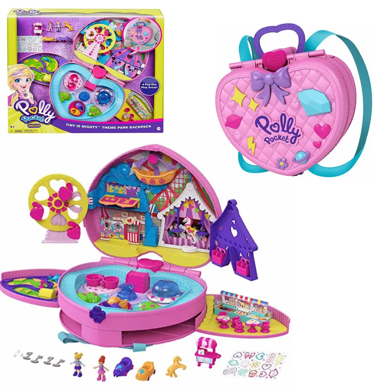 Original PollyPocket Poly Tiny Is Mighty Theme Park Backpack Ferris Wheel Amusement Park Toys Holiday Gifts for Children