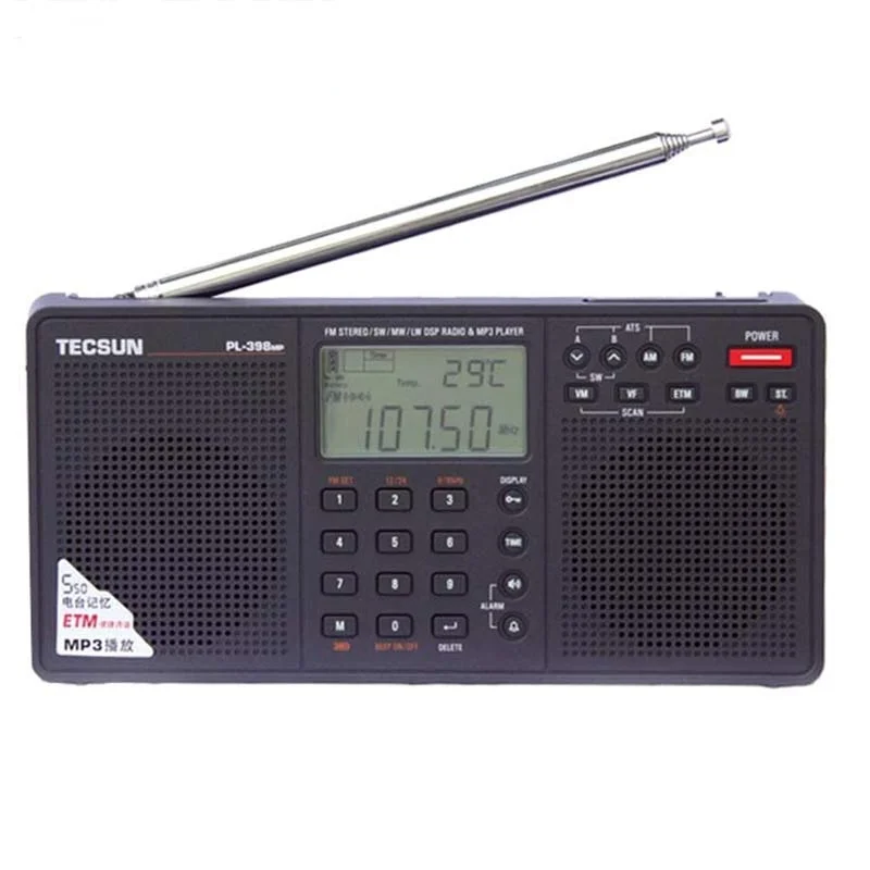 

Stereo Radio FM Portable Full Band Digital Tuning ETM ATS DSP Dual Speakers Receiver MP3 Player Support SD Card Tecsun PL-398MP