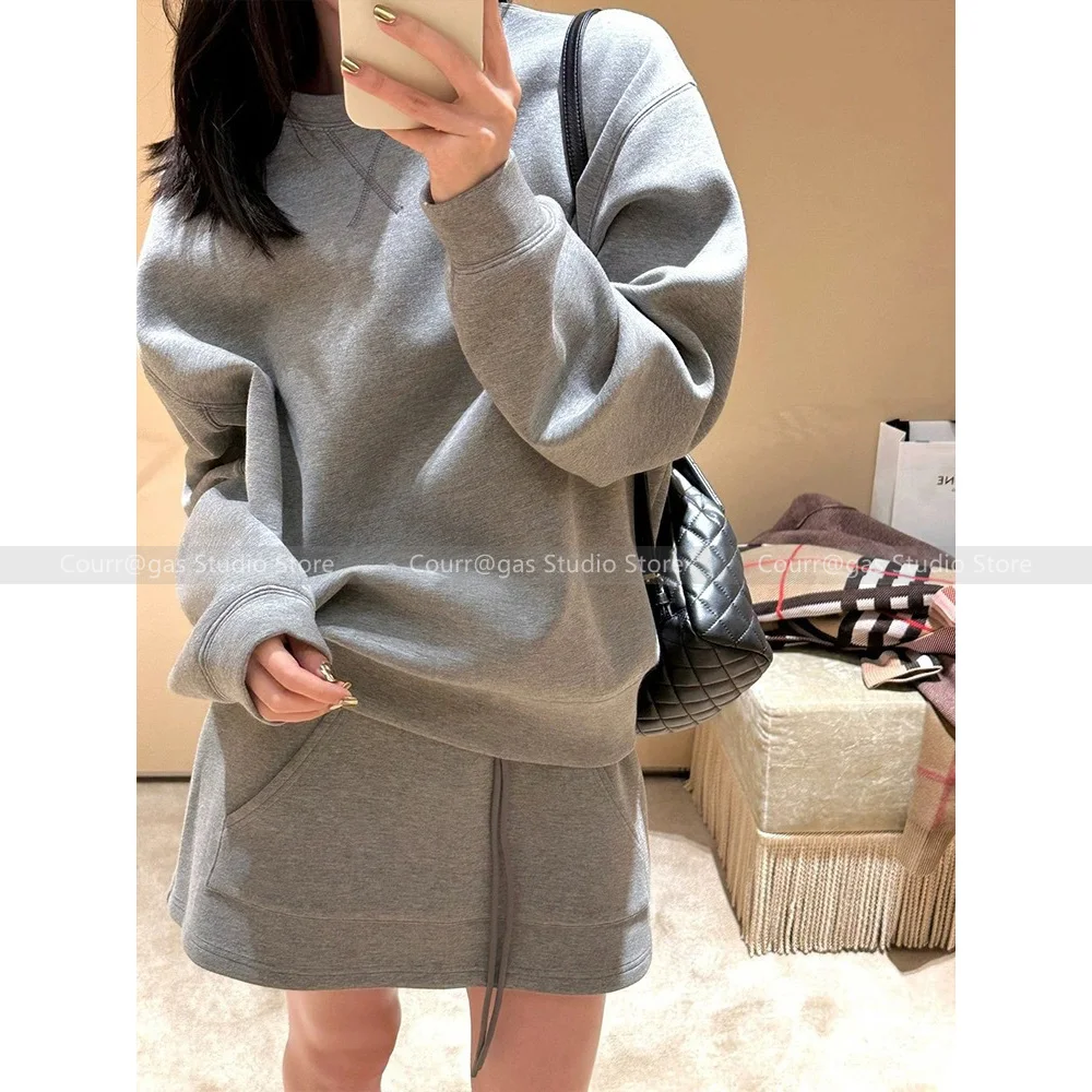 Fashion women's 2024 new autumn round neck silhouette long-sleeved sweater jacket + sports casual half skirt suit