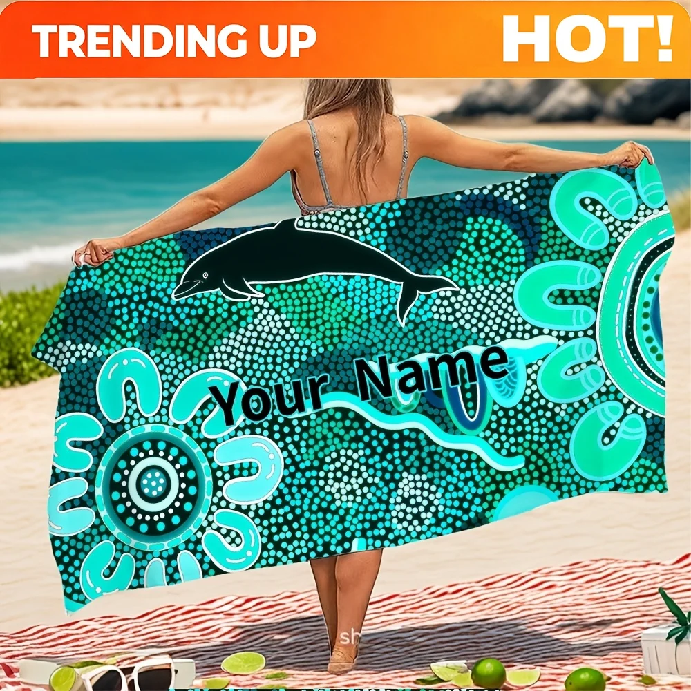 Customize Personalized Turquoise Blue Dolphin & Turquoise Reef Beach Towel - Custom Name/Text, Turquoise Microfiber Bath Towel w