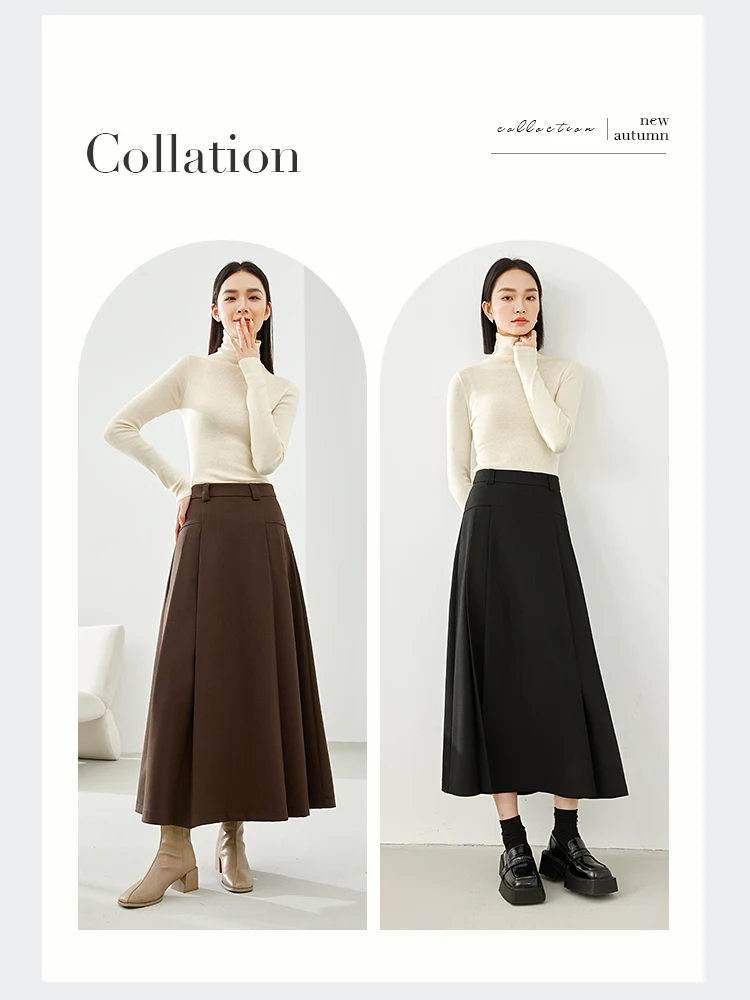 Vimly Black A-line Pleated Skirts for Woman 2023 Winter Thick Elegant Office Ladies Umbrella Maxi Skirt Female Clothing M5599