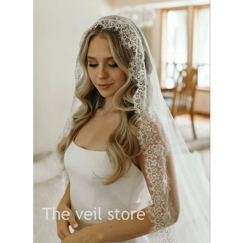 Ivory Mantilla  Wedding Bridal Veils Full Eyelash Lace Trim Vintage  Chapel Catholic Long Accessories For Brides Unique Spanish
