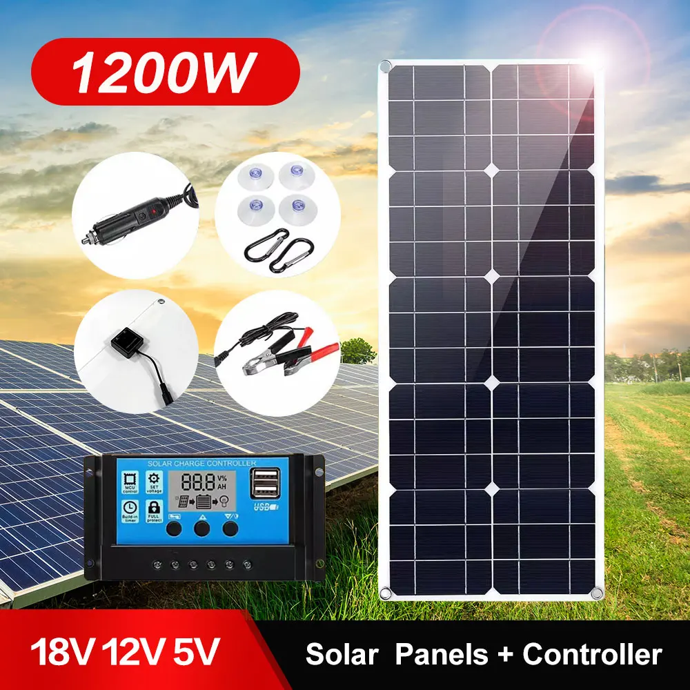 12V Monocrystalline 1200W 18V Flexible Solar Panel Kit For Car/Boat/ Home Solar Charger Waterproof for Outdoor Camping