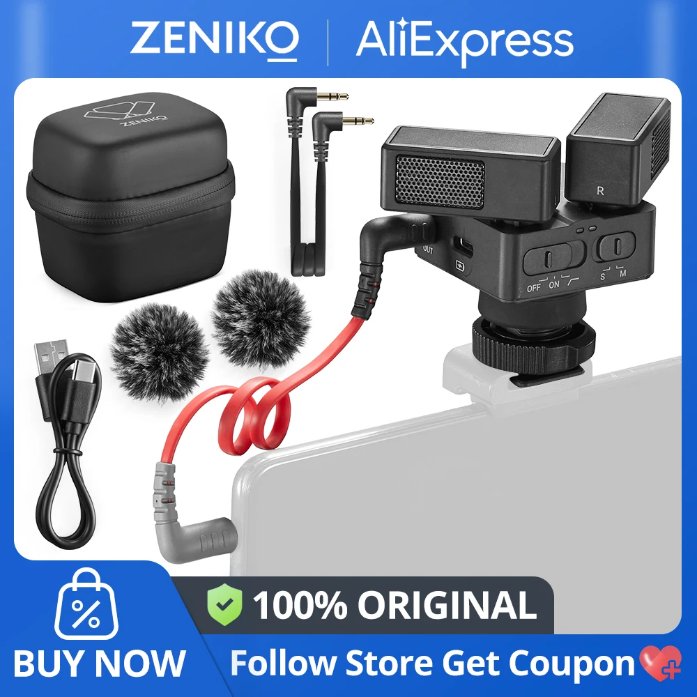 ZENIKO OC-D1 Stereo On-camera Microphone Cardioid Dual 180 Rotatable Mic Low-cut Filter 15h Battery Life for Camera Smartphone