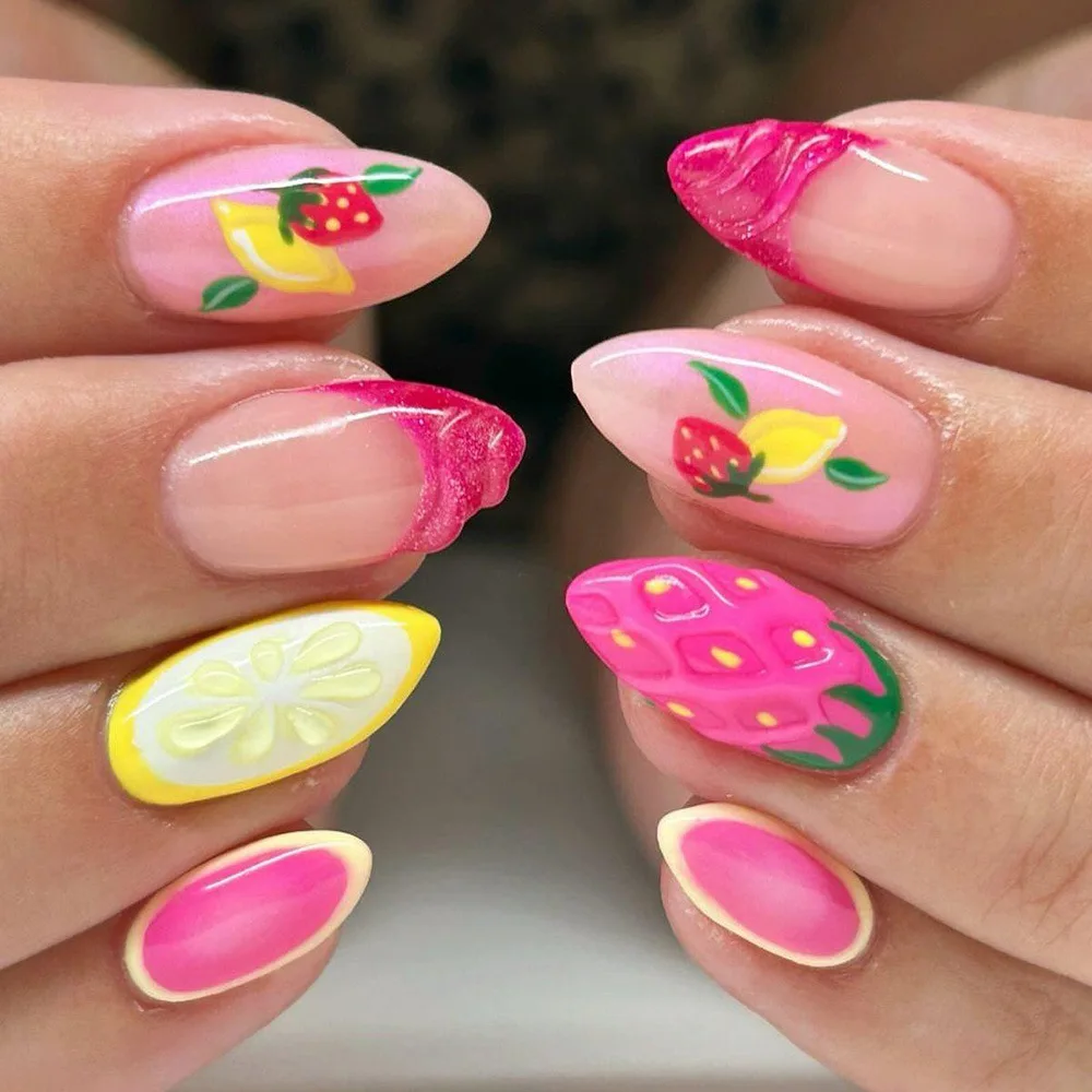 

Short Round Almond Lovely False Nails Full Cover Fresh Cartoon Fruit Pattern Designs Wearing Nails Art French Summer Nails 3D