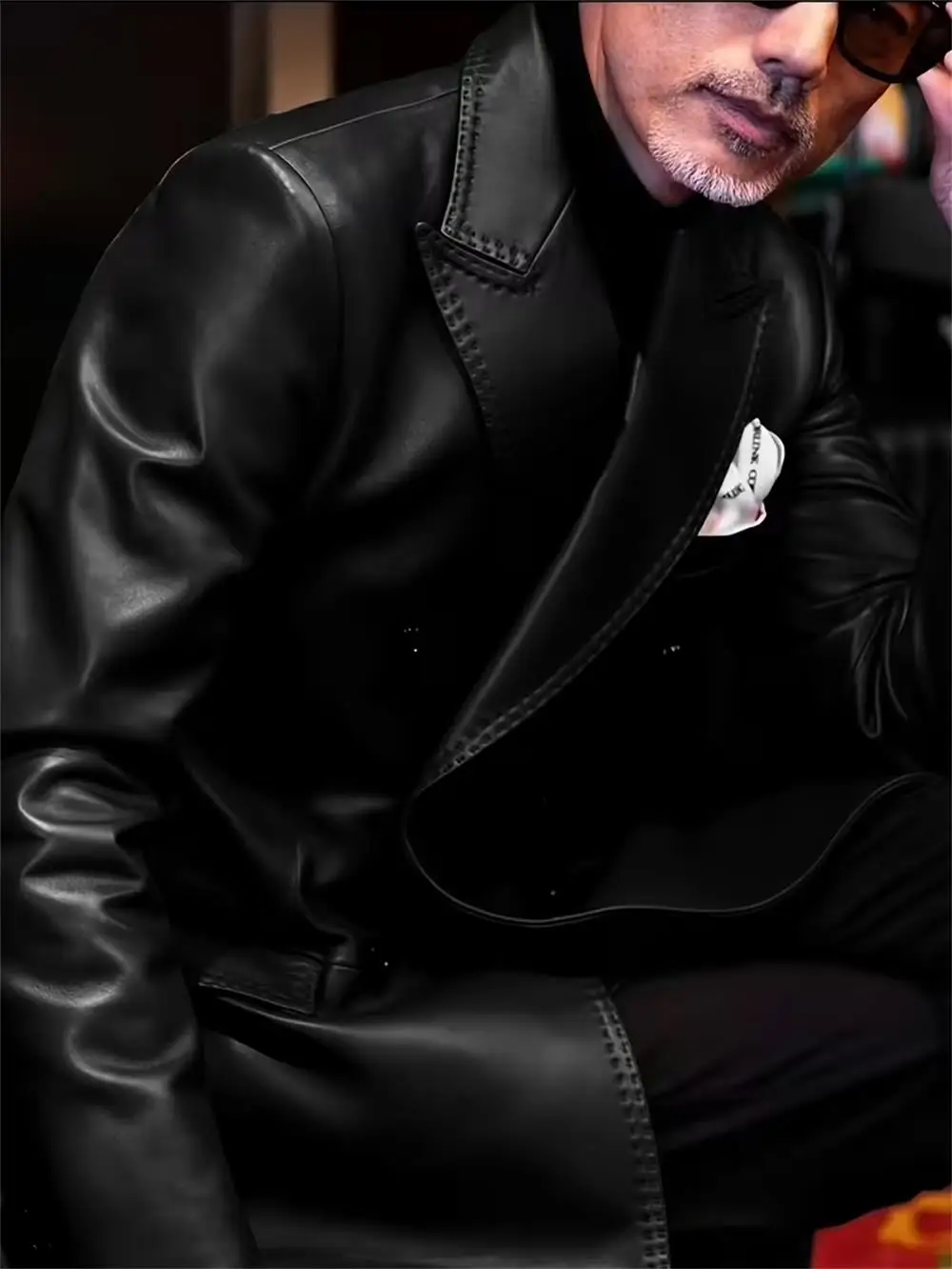 

PU Leather Man Blazers Double breasted business casual men's suit Jacket Fashion Black Leather Coat Man Casual Coat