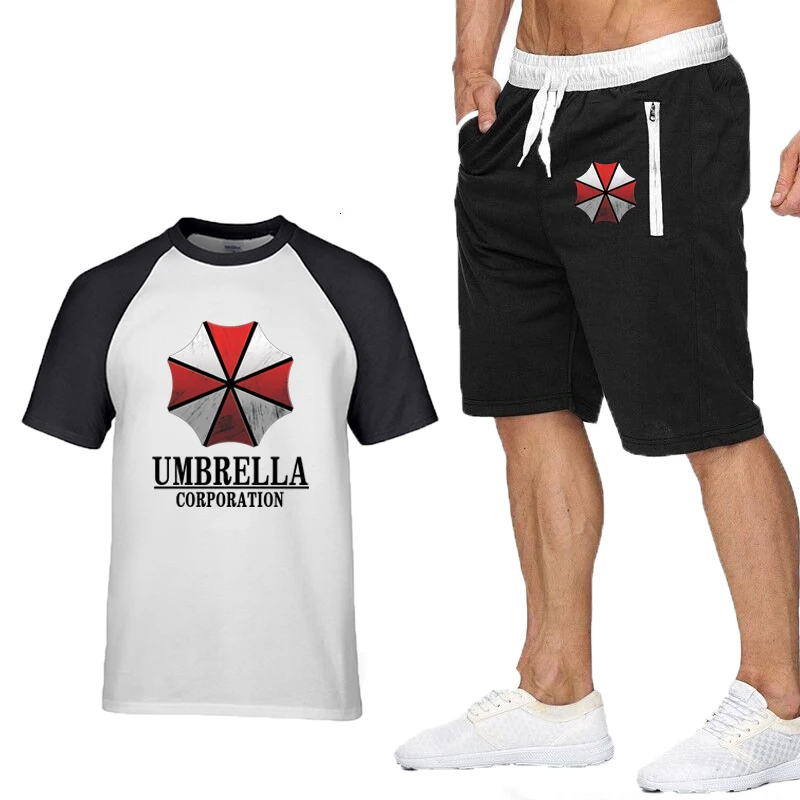 New Summer Men’s T-Shirts Umbrella Corporation Printed Raglan Short Sleeve High Quality Cotton Men's T-shirt+Shorts Suit 2pcs