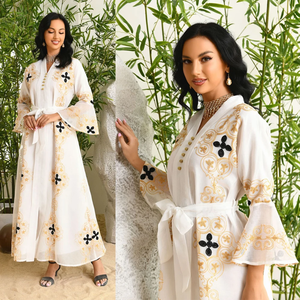 

Embroidered Floral Dress Muslim Belted Long Robe Women Jalabiya Lotus Leaf Sleeves Dubai Party Evening Ramadan Eid Abaya Kaftan