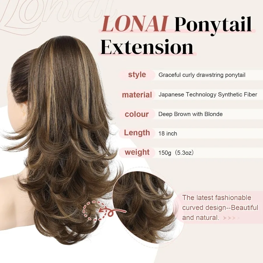 여성용 18인치 레이어드 웨이브 포니테일 헤어 익스텐션, 자연스러운 드로스트링 합성 헤어피스 (딥 브라운 및 블론드 톤)