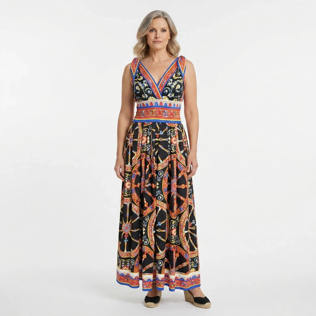 Women Cotton Maxi Dress V Neck Sleeveless Long Black Dress Summer Vacation Outfit
