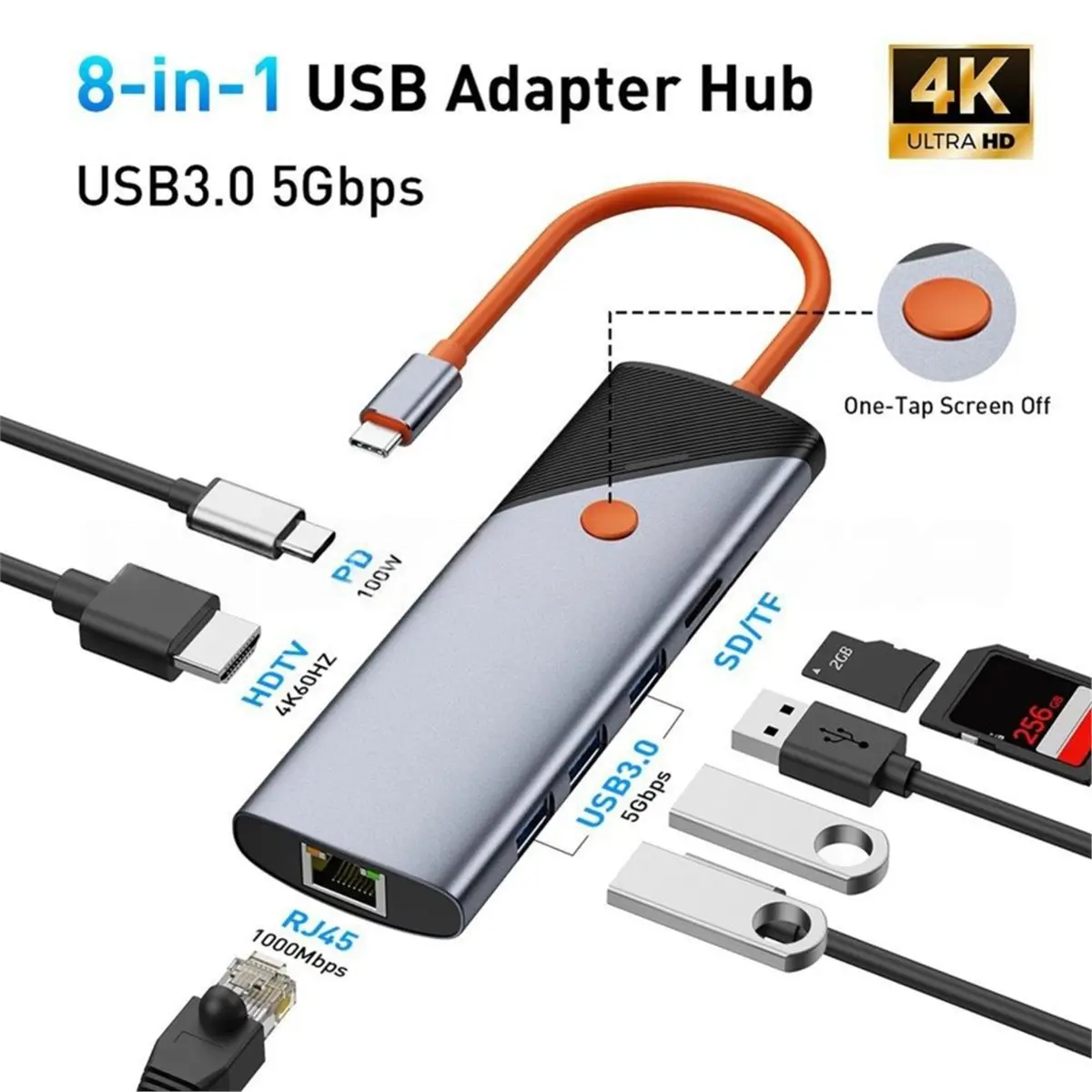 8 In 1 Type C Docking Station Multiport Adapter 4K HDMI RJ45 Ethernet PD Fast Charging USB 3.0 Hub SD TF Card Reader for Laptop