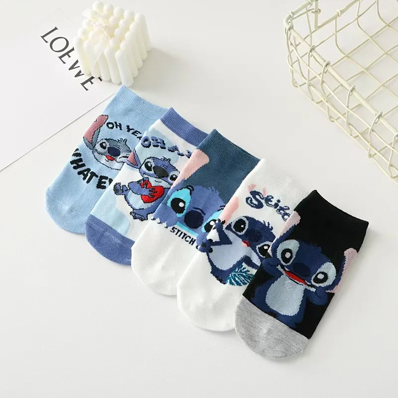 5pairs Stitch Adult Short Sock Cartoon Women Socks Free Size Low Tube Soft Breathable Female Cute Cotton Stockings Average Size