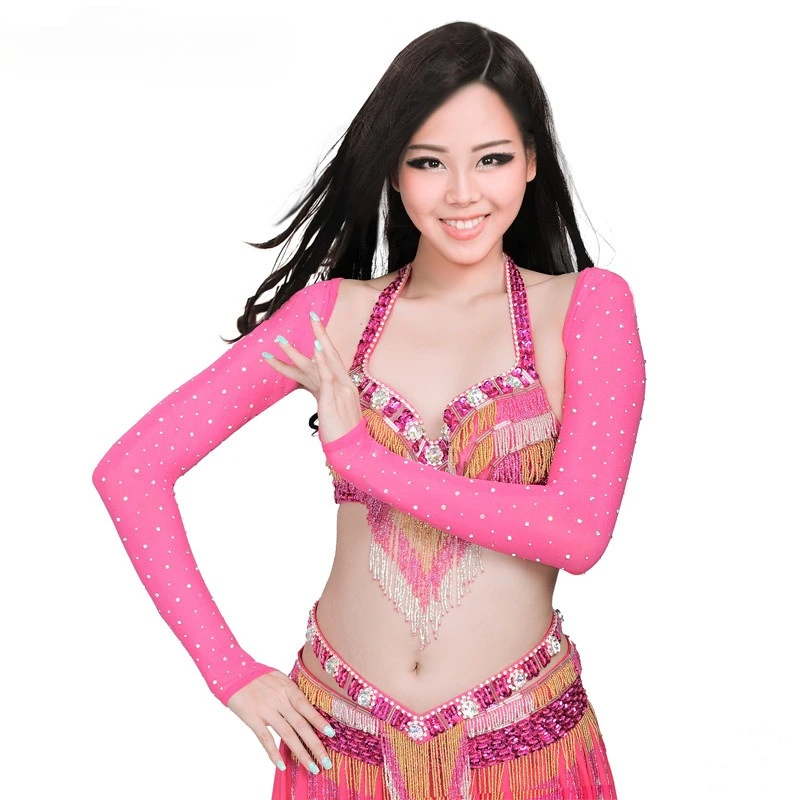 ที่กําหนดเองเงาเพชร Belly Dance เครื่องแต่งกายแขนยาวชุดฝึกเสื้อผ้าฐานตาข่ายยืดหยุ่นชุด Dancewear