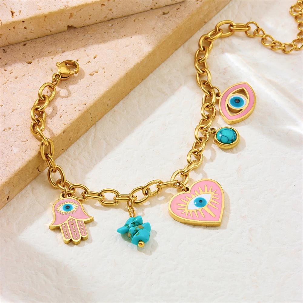 Pulsera con dijes en forma de corazón y mano de Fátima de acero inoxidable 316L para mujer, a la moda, impermeable, nueva joya, regalo para fiesta