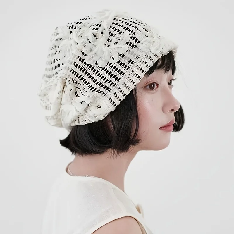 Three-Dimensional Lace Flower Headscarf for Women, New Spring/Summer Breathable Style That Makes the Face Look Smaller, Hollow-Out Design, Large Head Circumference, Korean Style