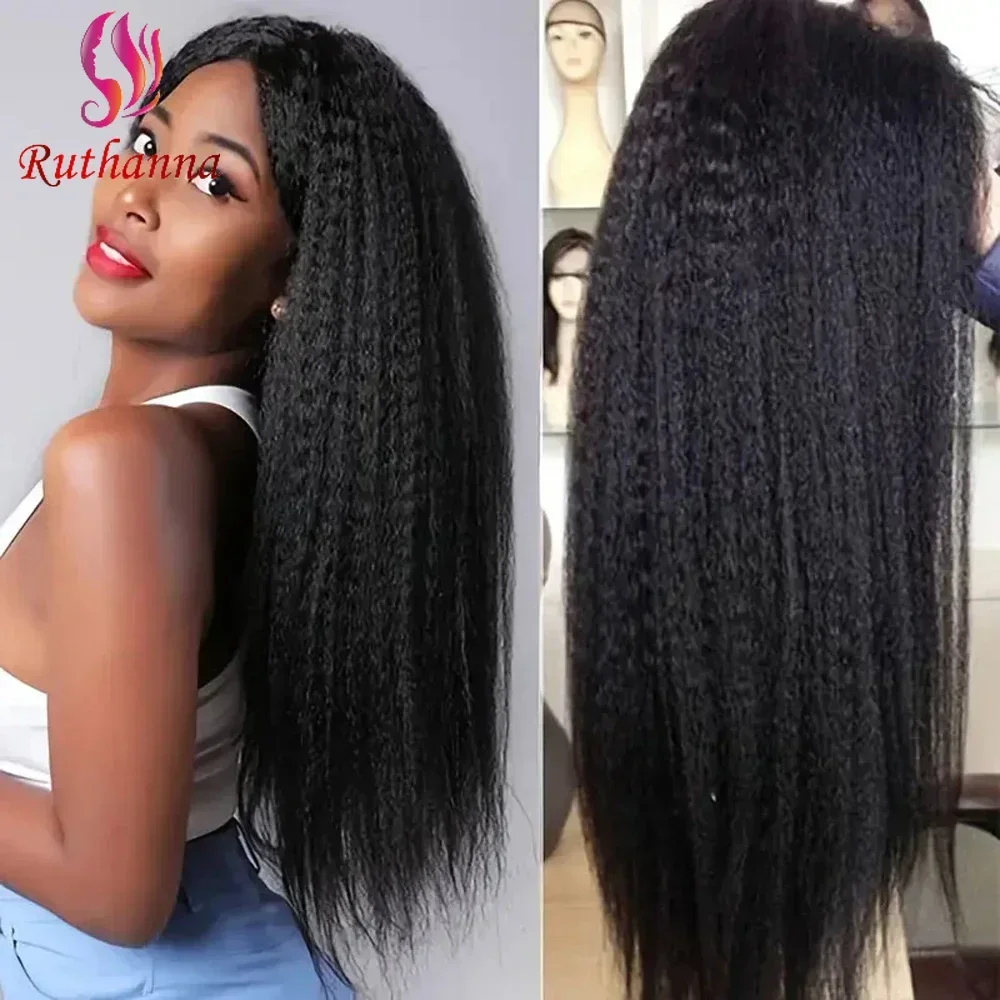 Afro Yaki Straight Synthetic Long Straight Wig For Women 24 Inch Middle Part Natural Black Heat Resistant Fiber Wig Daily Use