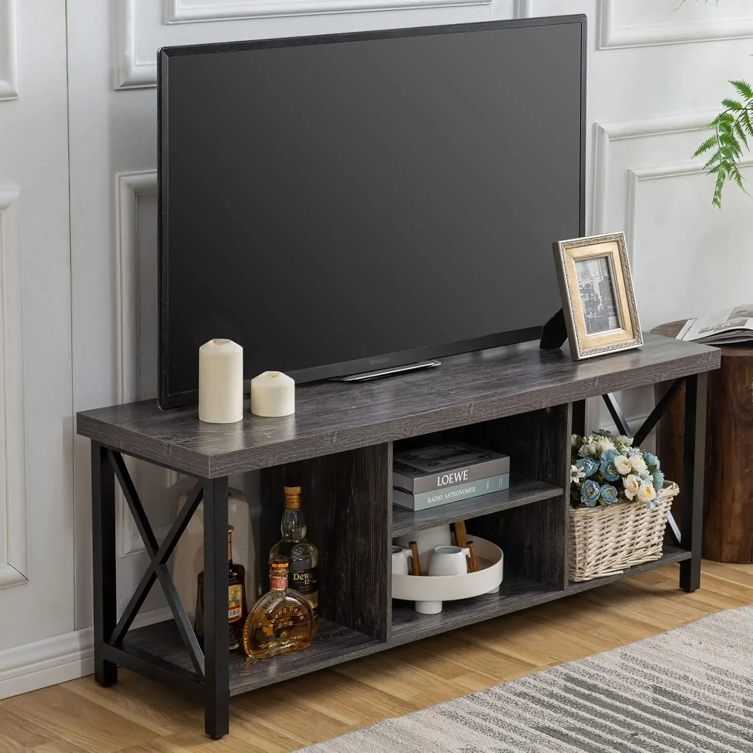 Gazhome TV-Ständer für TV bis 55 Zoll, TV-Schrank mit offenem Stauraum, TV-Konsolen einheit mit Regal für Wohnzimmer, Unterhaltung