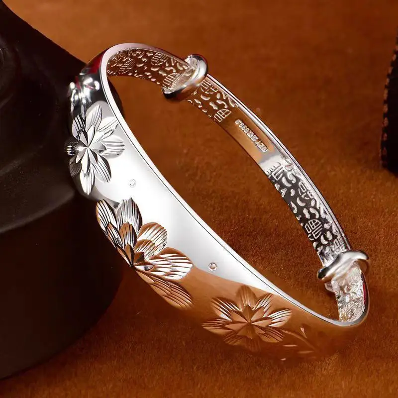 Vintage Adjustable Bangle With Exquisite Lotus Carving Inner Auspicious Pattern For Women Daily Wear Gifting