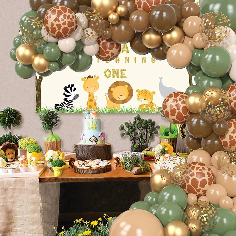 Jungle Safari Balloons Arch Kit Sage Green Brown Nude Animal Print Balloons for Woodland Giraffe Wild One Birthday Party Decor view 5