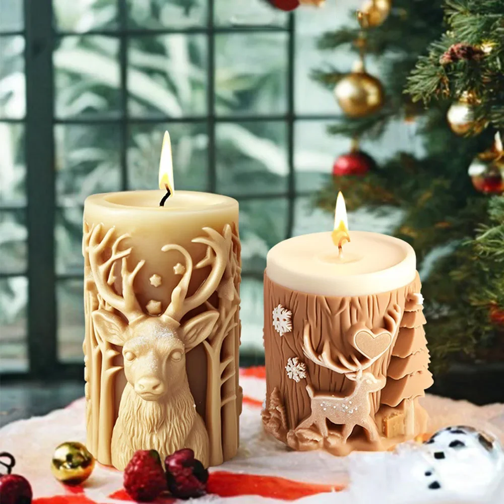 Christmas Candle Silicone Mold DIY Deer Relief Cylindrical Candle Silicone Plaster Ornaments Desktop Decoration Epoxy Resin Mold