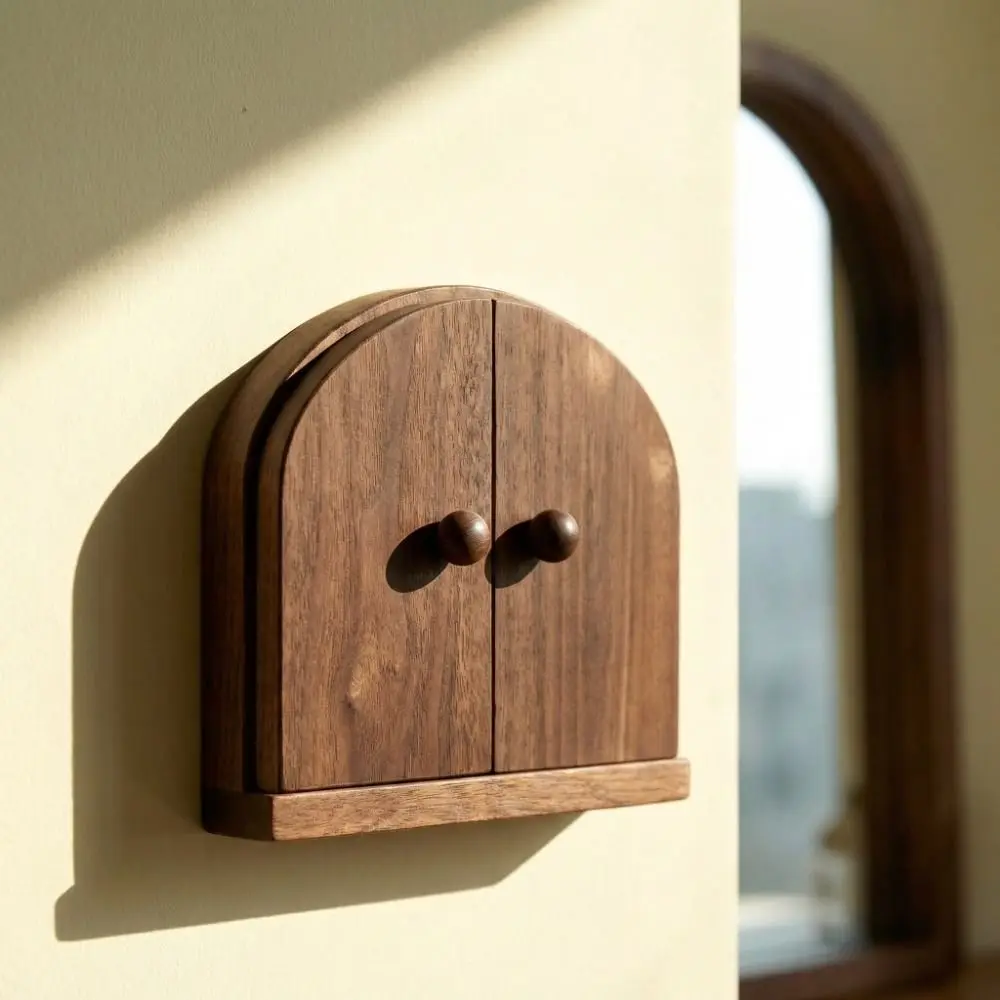 Double Door Design Solid Wood Switch Cover Rustic Style Door Shape Socket Decorative Frame Self adhesive Outlet Cover