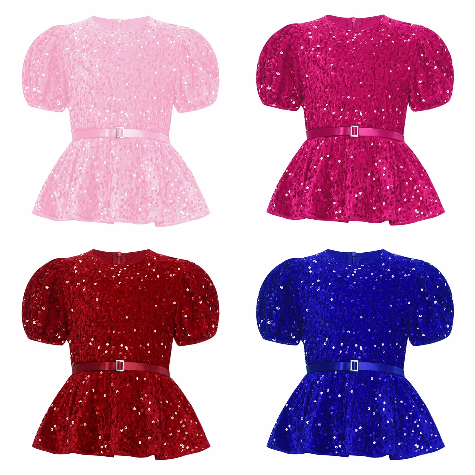 

Sparkly Sequins Party Tops with Belt Elegant Dance Prom Costumes Dancing Ball Birthday Clothes Girls T-shirts