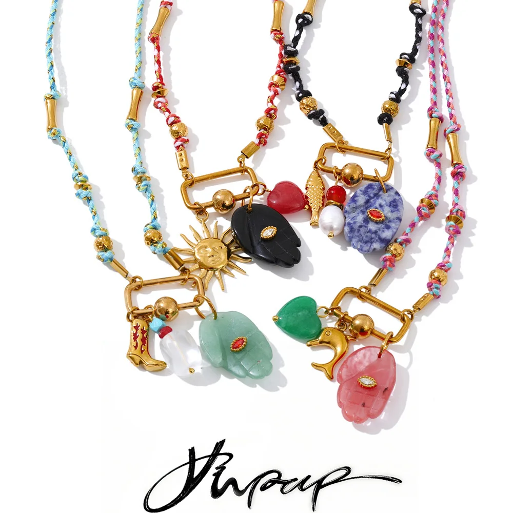 Yhpup Natürlicher Aventurin Stein Palm Sonne Herz Charm Halskette Anhänger Edelstahl Seil Geflochtene Kette Handgefertigter Schmuck Geschenk