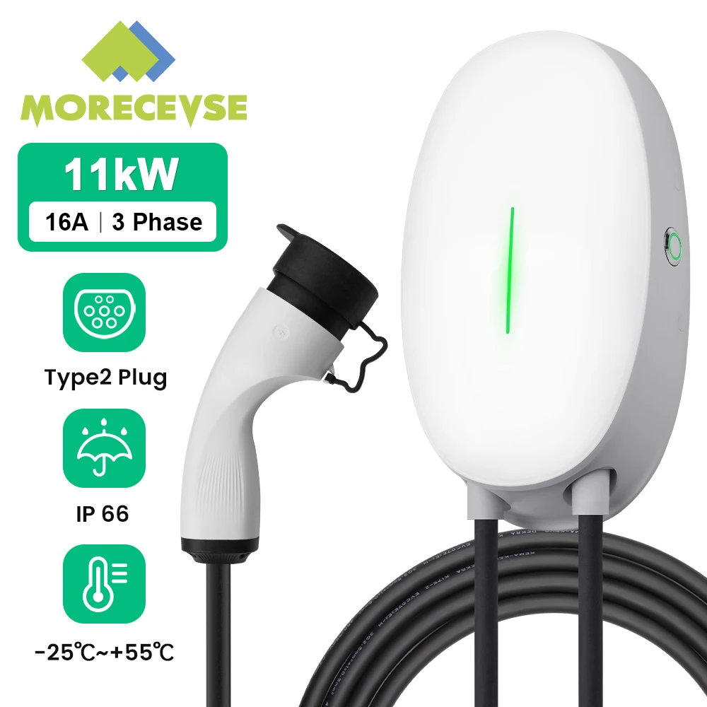 MOREC Type 2 Electric Car Charger 11KW Wallbox 16A 3Phase IEC 62196-2 EVSE Charging Station with 6M Cable