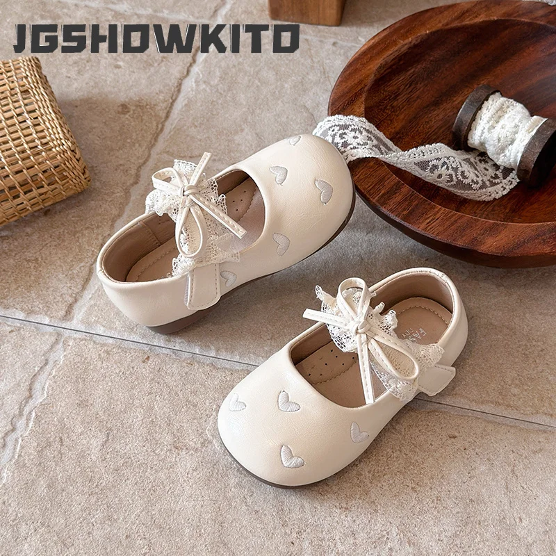 JGSHOWKITO Little Girls Embroidered Flat Shoes Princess Sweet Bow Children's Leather Shoes Wedding Party Kids Mary Jane Shoes