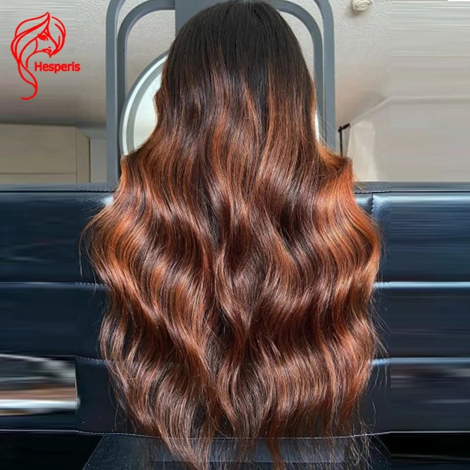 Hesperis 13x6 Deep Part Reddish Brown Balayage Remy Human Hair Lace Front Wig Pre Plucked Body Wave Colored Lace Frontal Wigs