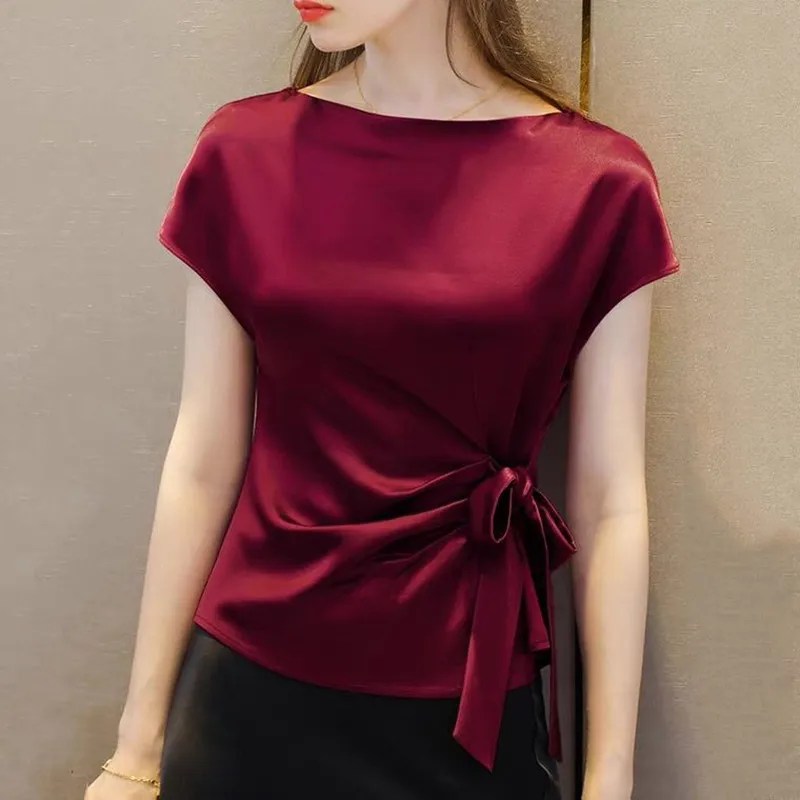 Black white Red Office Lady chiffon Shirts New Korean satin Silk lace up shirts Women Vintage boat neck Acetate satin blouse