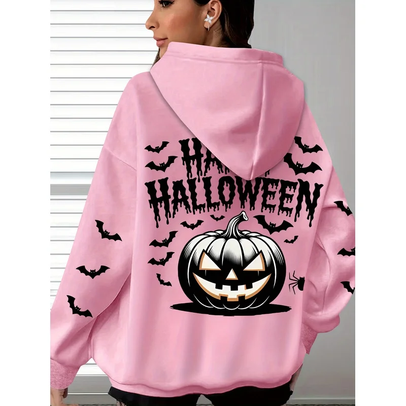 New unisex pink Halloween hoodie With pumpkin lanterns、Bats and Happy Halloween text