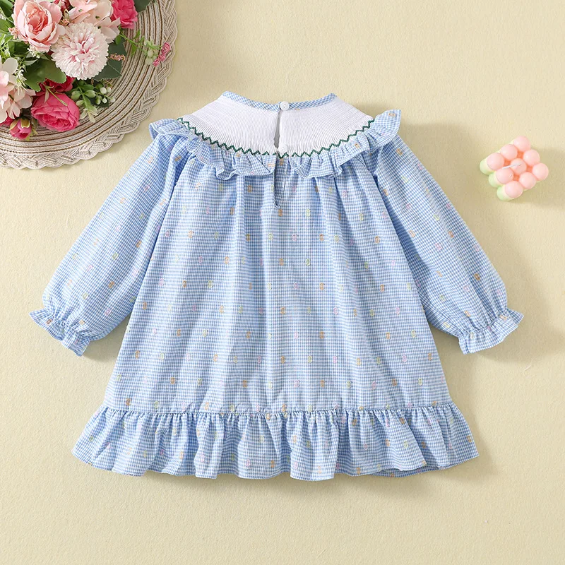 ‌2025 Spring Autumn Girls' Cartoon Bunny Embroidered Denim Dress with Ruffle Hem Long Sleeve Blue Plaid Cotton Dresses